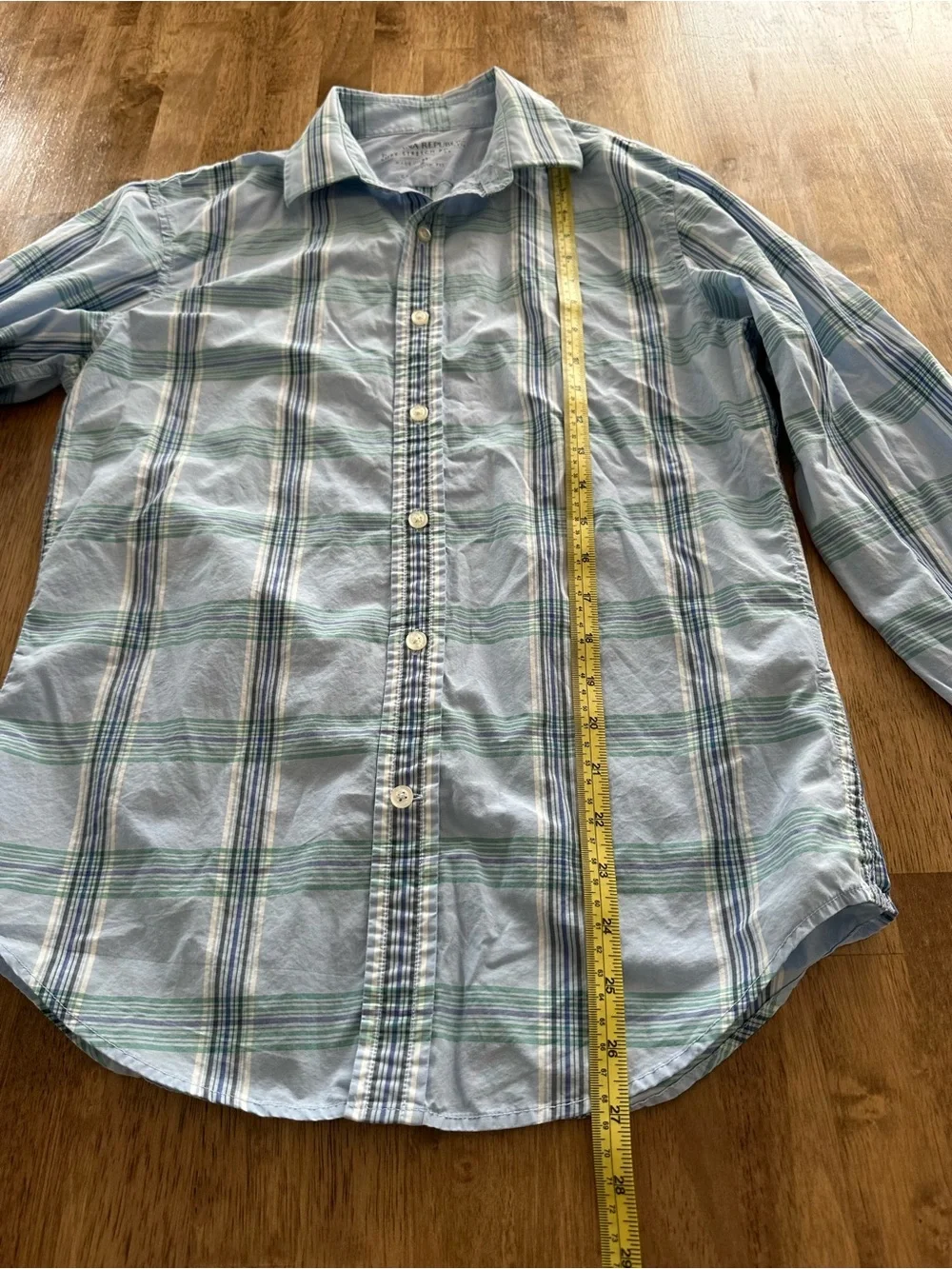 Banana Republic Men’s Light Blue and Green Plaid Button-Down Shirt- small stain